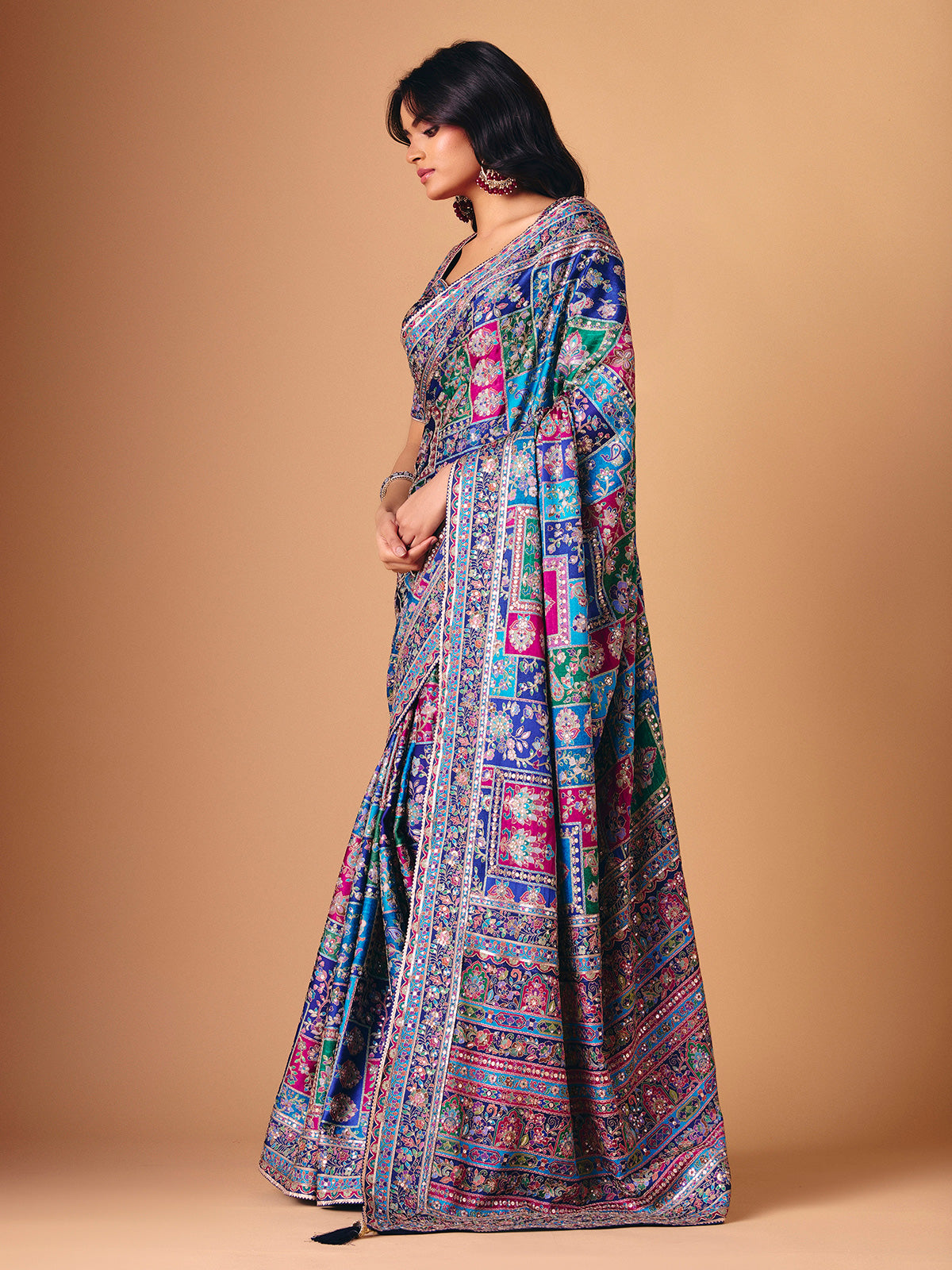 Blue modal silk colorful motif embellished saree for wedding