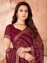 Wine chiffon festive wear saree with bandhani print
