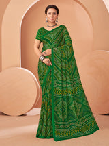 Dark green bandhani printed chiffon saree