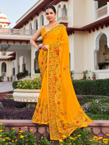 Yellow georgette saree with printed stone detailing