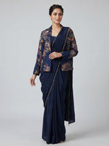 Navy blue dola silk designer ready to wear saree with jacket