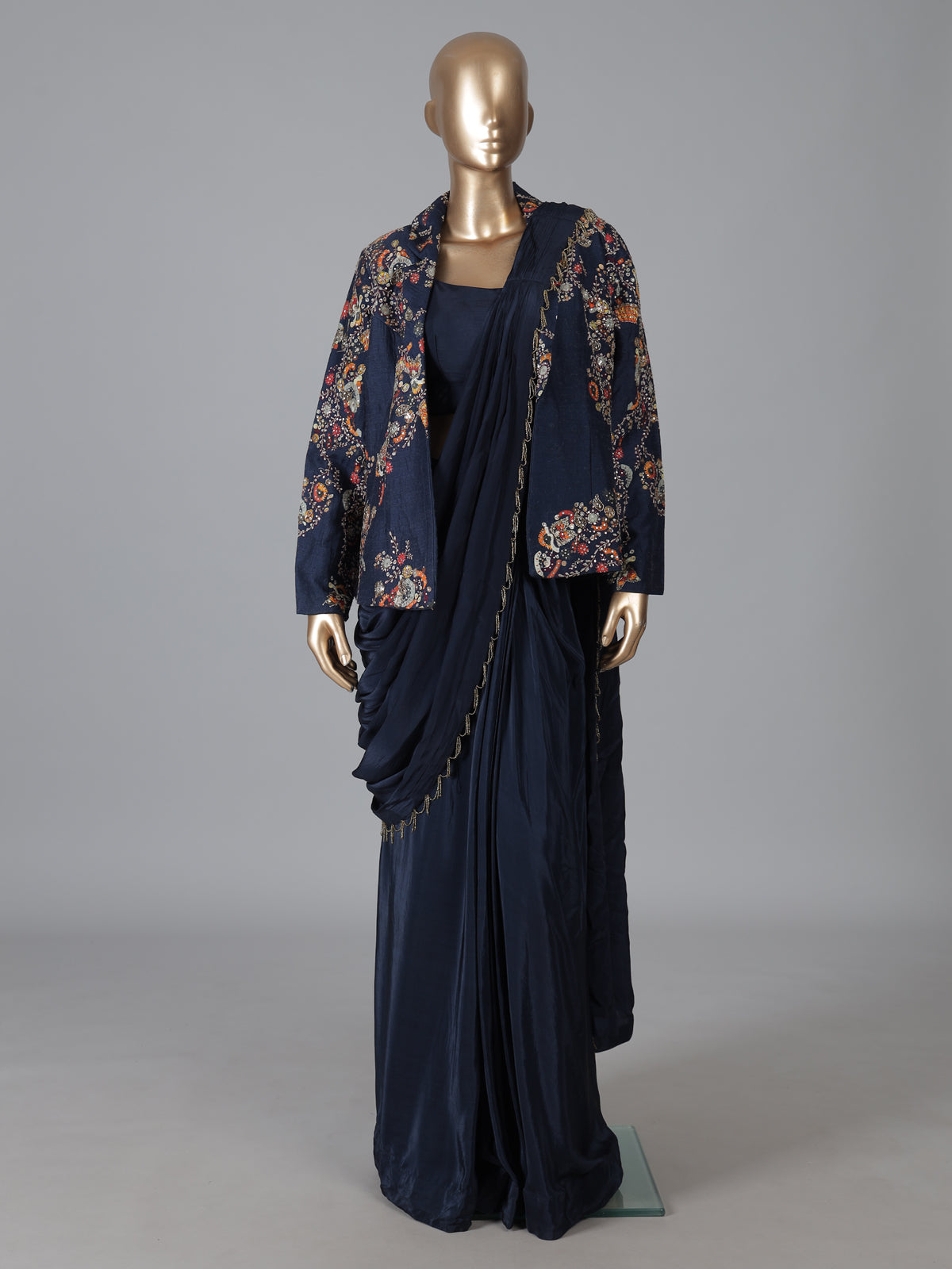 Navy blue dola silk designer ready to wear saree with jacket