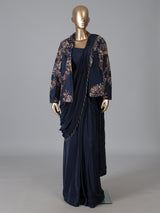 Navy blue dola silk designer ready to wear saree with jacket