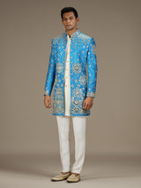 Blue mens regal bandhani indo western jacket set