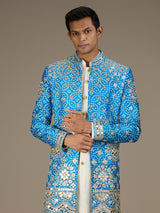Blue mens regal bandhani indo western jacket set