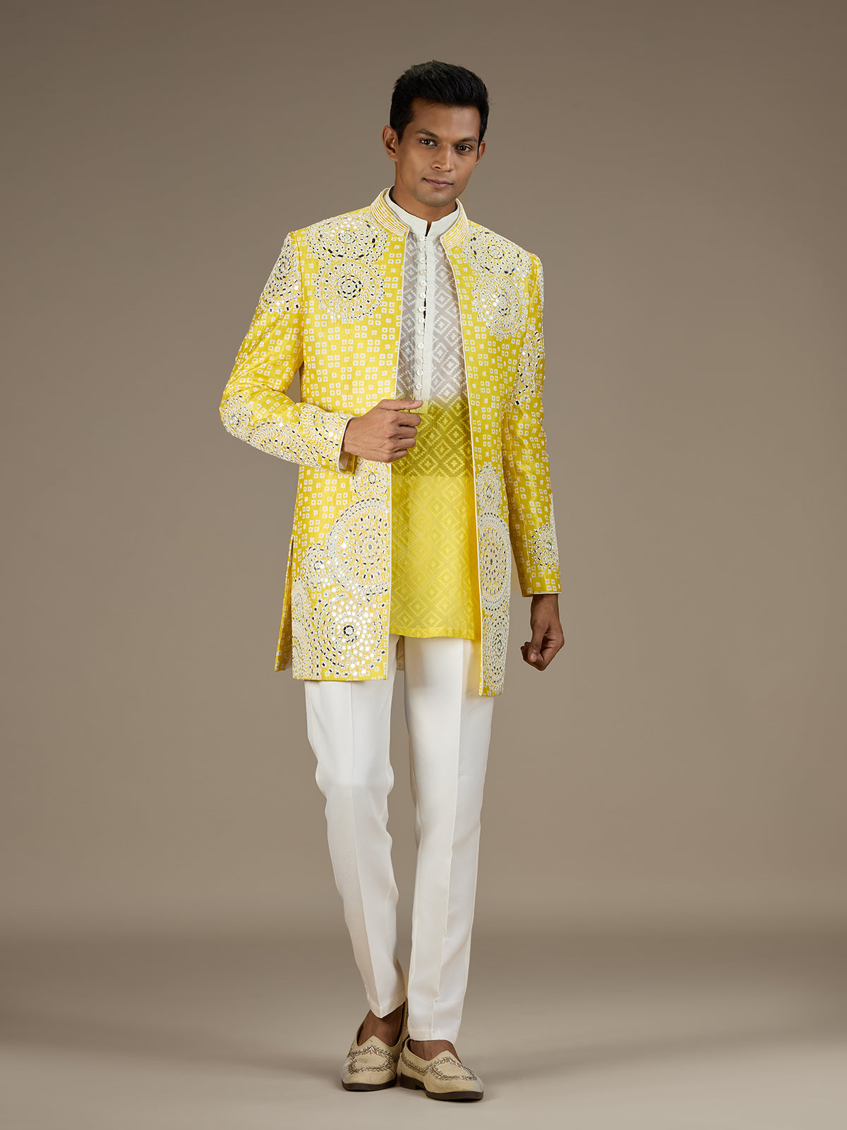 Yellow mens heritage indo western jacket ensemble