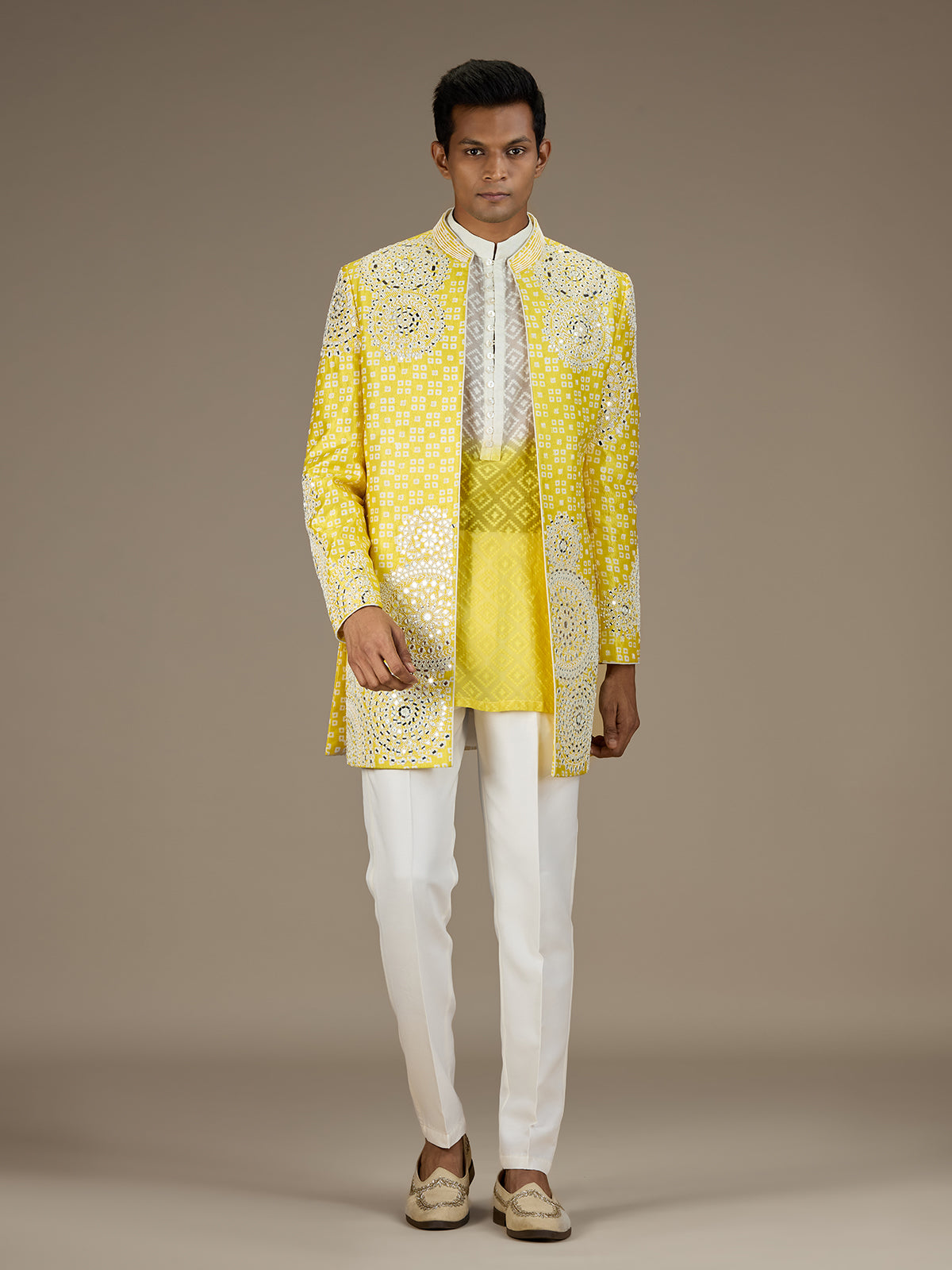 Yellow mens heritage indo western jacket ensemble