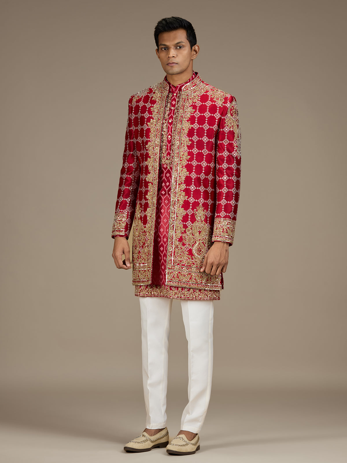 Red mens royal bandhani indo western jacket set