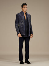 Blue mens contemporary velvet indo western jacket set