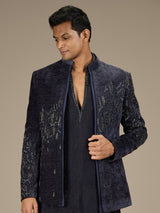Blue mens contemporary velvet indo western jacket set