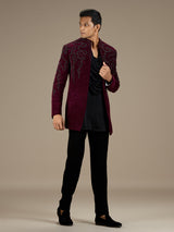 Maroon mens statement velvet indo western jacket