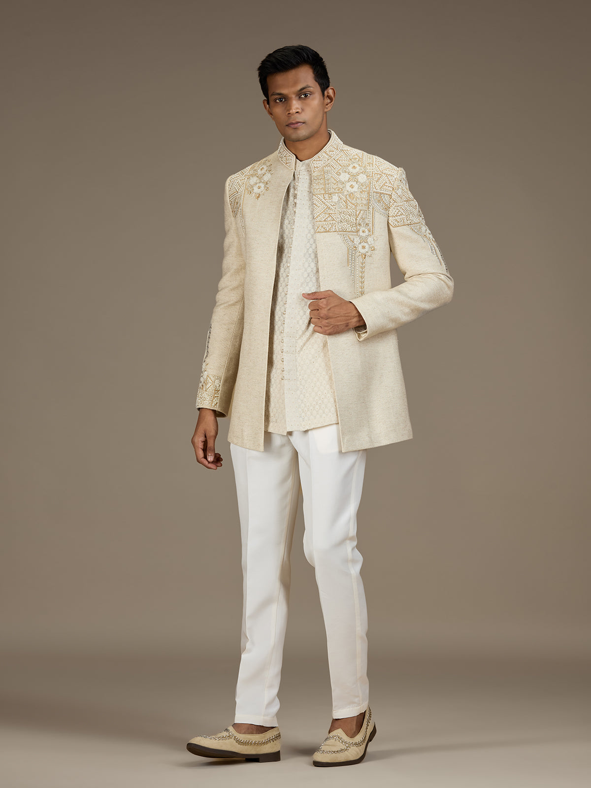 indo western formal dress for male Beige mens artisanal jacket set – G3+Fashion button up dress