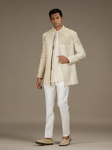 Beige mens artisanal indo western jacket set