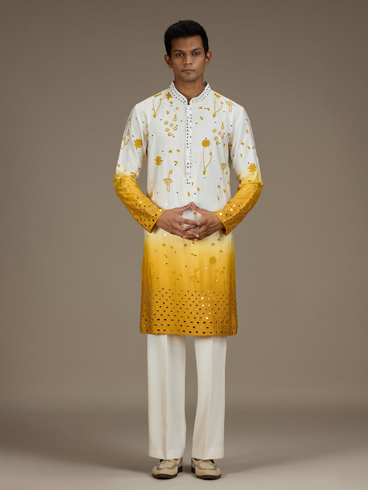 White yellow mens artisanal silk kurta suit with dupatta