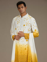 White yellow mens artisanal silk kurta suit with dupatta