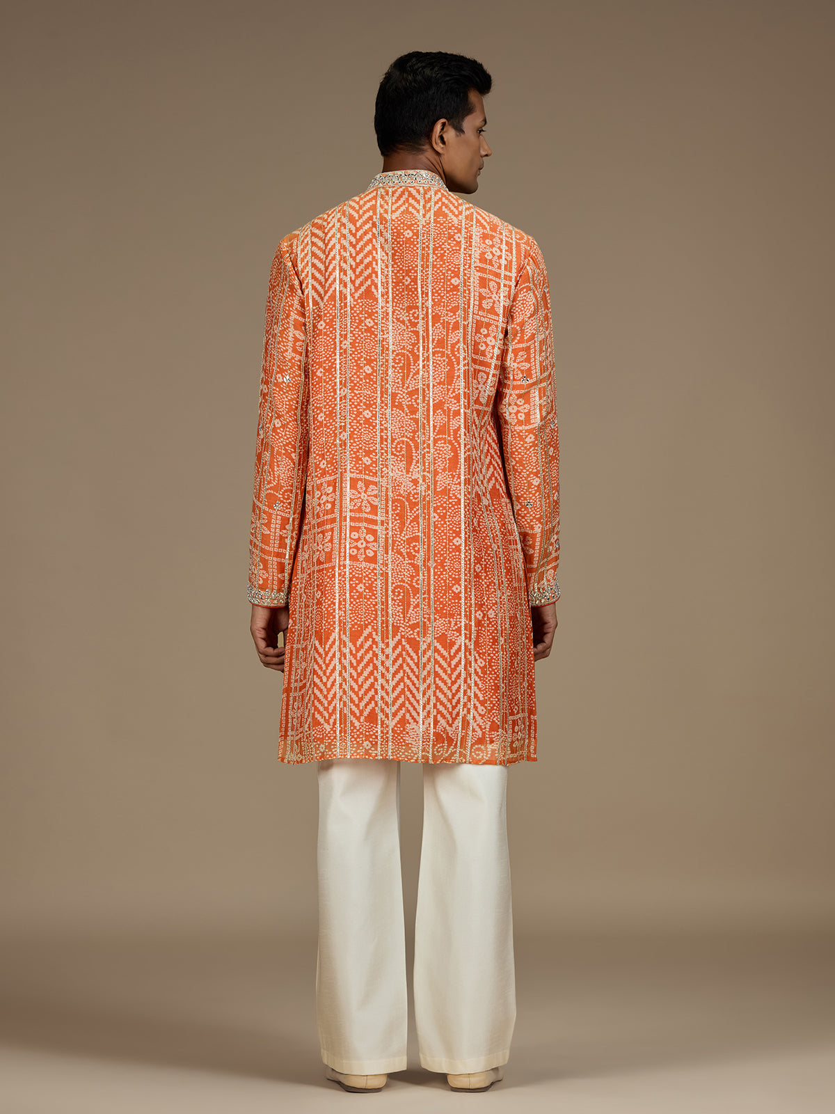 Orange mens regal bandhani embroidered kurta pyjama