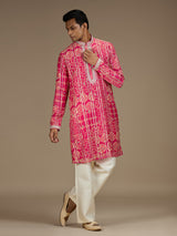 Pink mens royal bandhani embroidered kurta pyjama