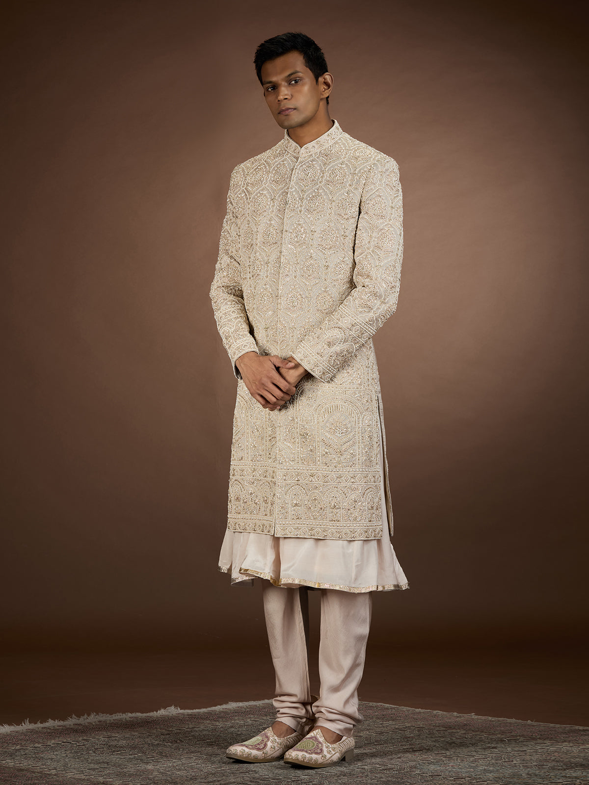 Rose gold mens regal embroidered sherwani