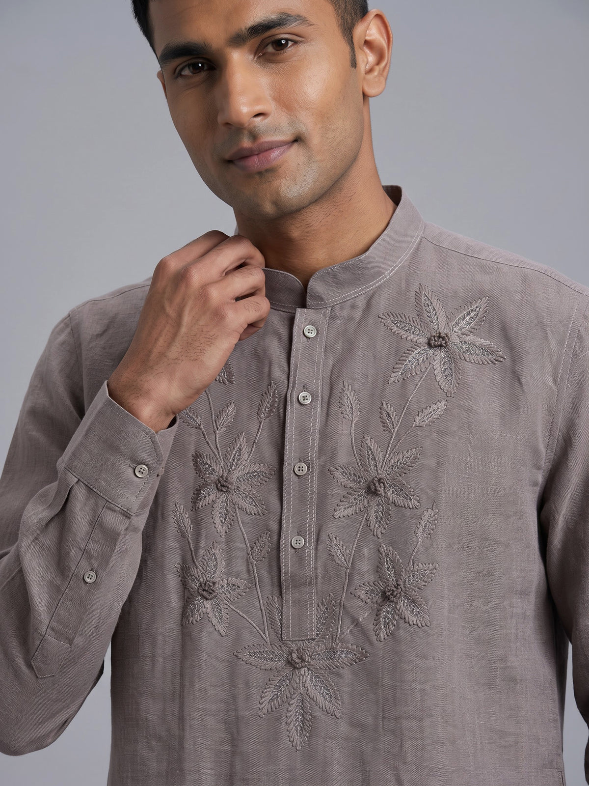 Light brown linen embroidered men festive kurta