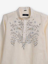 Cream linen embroidered men festive short kurta