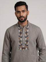 Grey cotton linen embroidered men short kurta