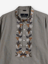 Grey cotton linen embroidered men short kurta