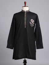Black cotton silk embroidered men festive kurta