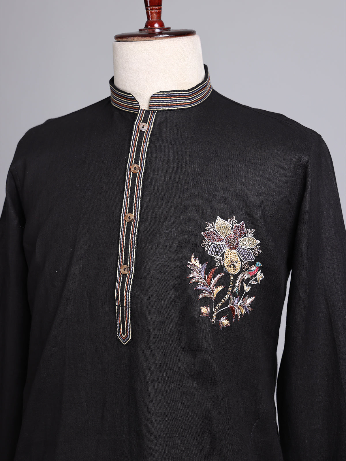 Black cotton silk embroidered men festive kurta