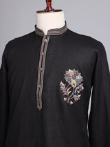 Black cotton silk embroidered men festive kurta