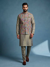 Olive regal floral embroidered men nehru waistcoat set