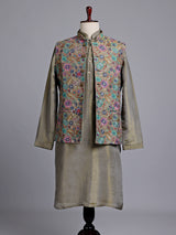 Olive regal floral embroidered men nehru waistcoat set