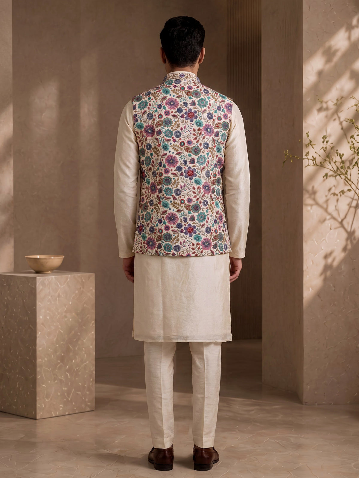 Cream luxury floral embroidered men nehru waistcoat set