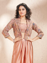Peach satin silk indowestern suit with embellished jacket