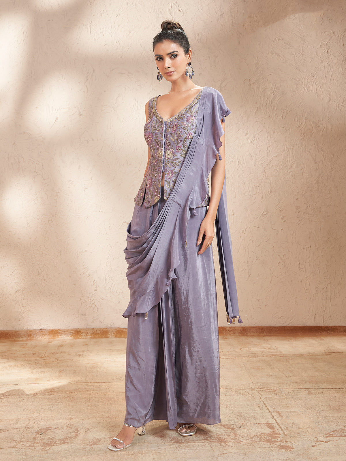 Lilac purple chinon crepe silk indowestern suit with dupatta