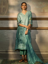 Green printed cotton linen women kurti set with floral details