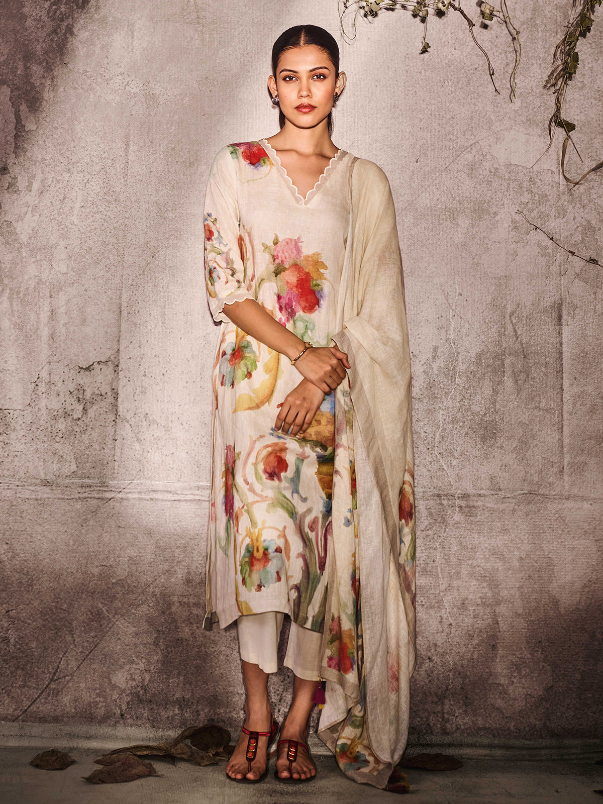 Cream printed cotton linen women kurti set with dupatta