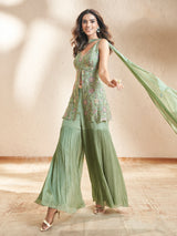Pista green chiffon georgette sharara suit with dupatta elegance