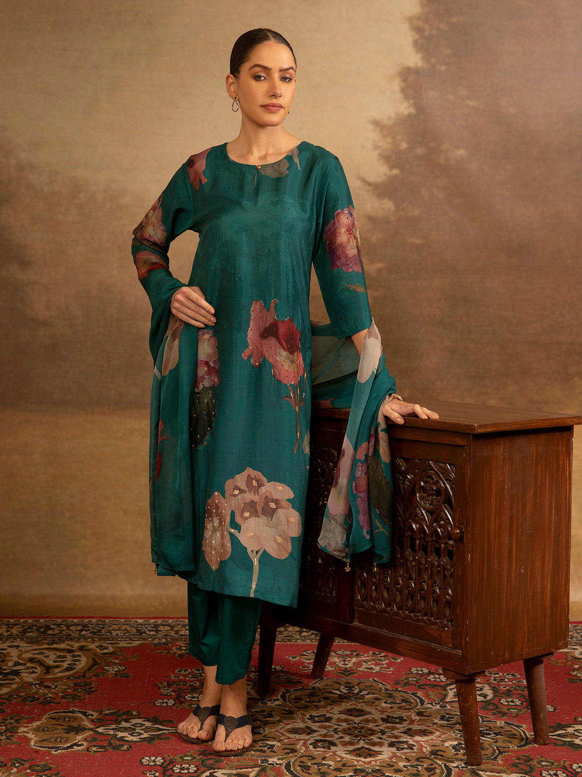 Teal blue silk blend women kurti set with watercolor florals