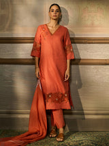 Orange cotton blend women kurti set with floral lace