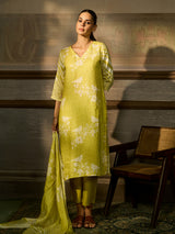 Lime green cotton linen women kurti set with bird print