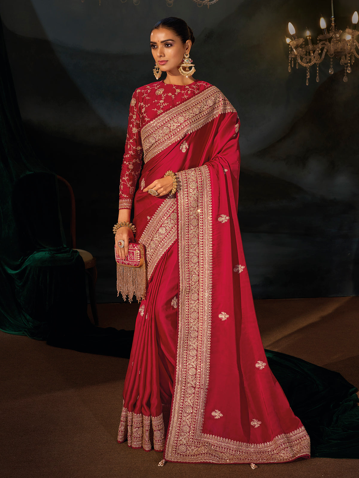 Magenta pink viscose satin women saree with zari