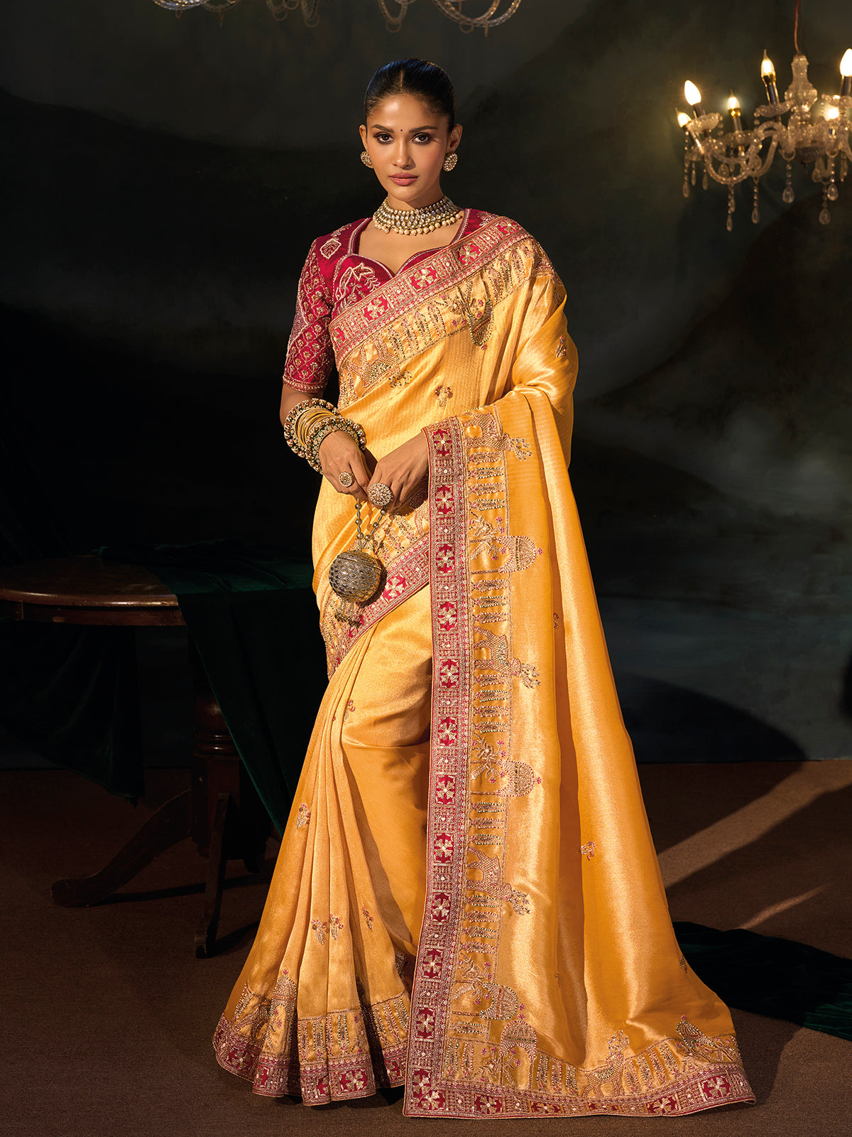 Mustard yellow madhurai silk women saree with pallu