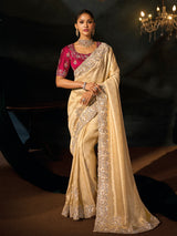 Cream kanjivaram jacquard women saree with zardosi