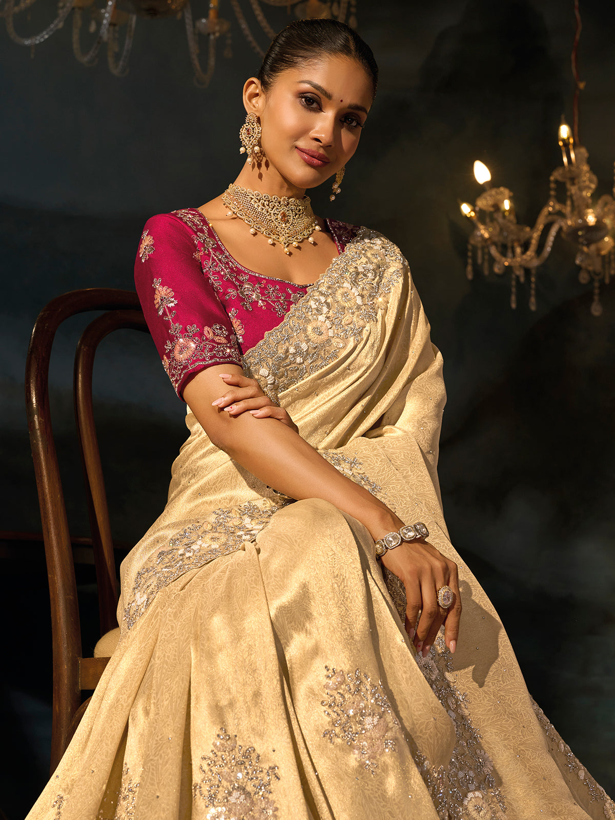 Cream kanjivaram jacquard women saree with zardosi