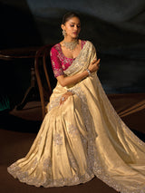Cream kanjivaram jacquard women saree with zardosi
