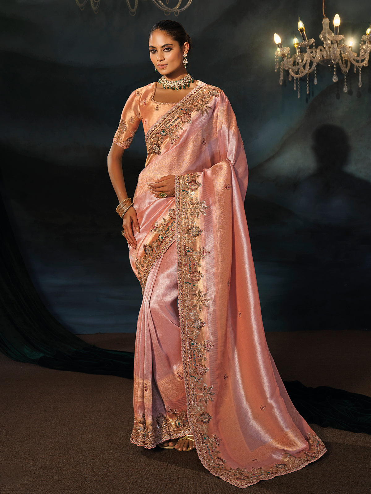 Pink peach madhurai silk women saree with mirror work