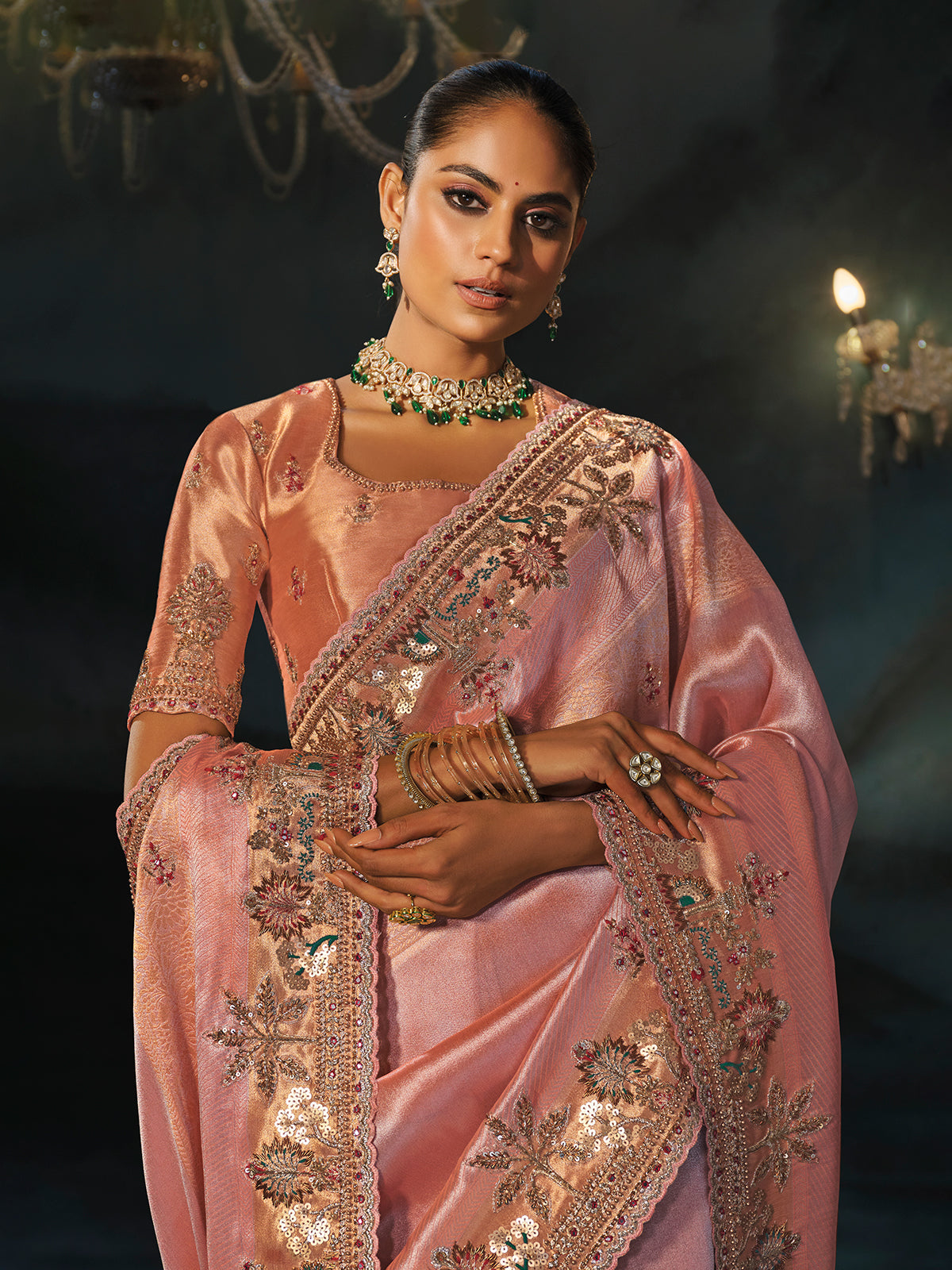 Pink peach madhurai silk women saree with mirror work