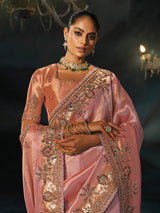 Pink peach madhurai silk women saree with mirror work