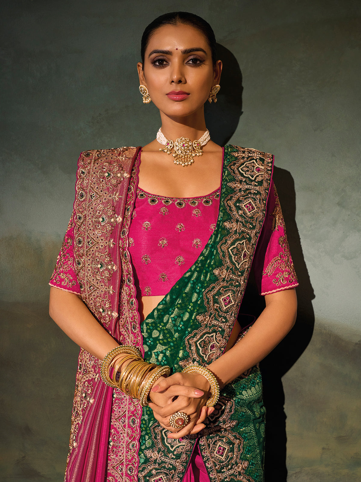 Rani pink kanjivaram silk women saree with dupatta