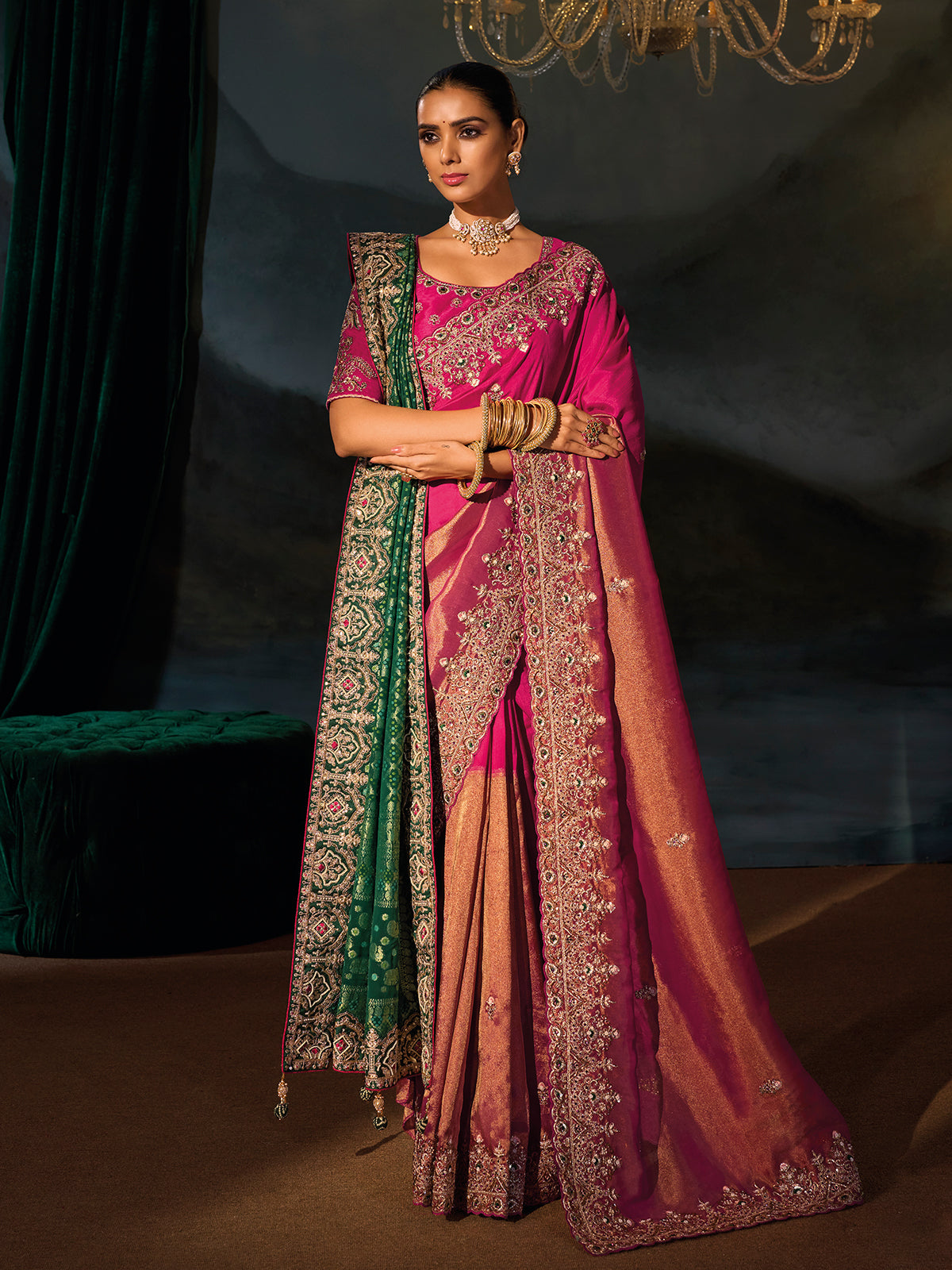 Rani pink kanjivaram silk women saree with dupatta